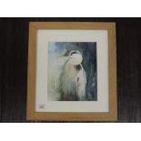 A watercolour, Sally T Kindness, heron, signed, 22 x 18cm, framed and glazed