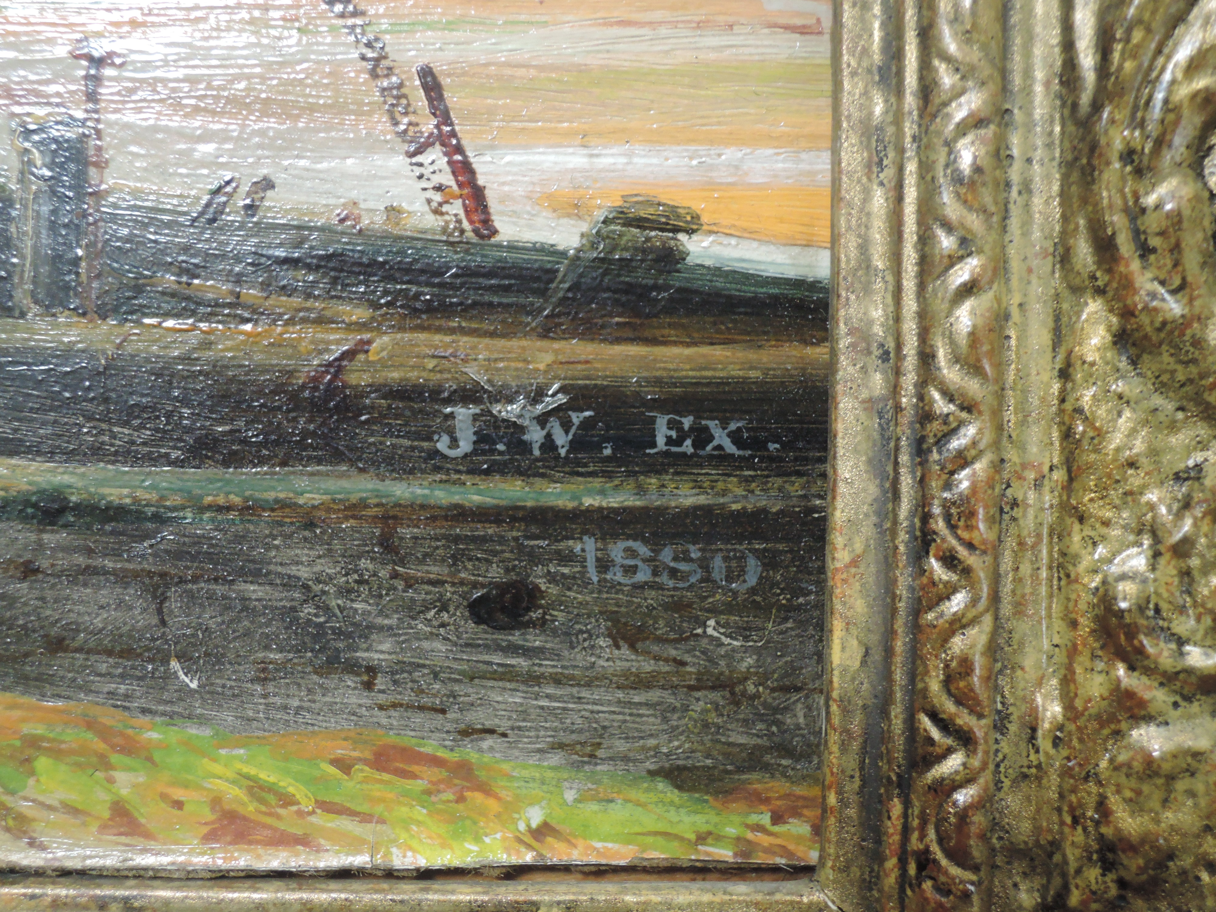 An oil painting on board, JW, estuary landscape, monogrammed, and dated 1880, 20 x 33cm, framed - Image 3 of 3