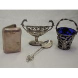 Four pieces of white metal and HM silver including a cigarette case of small form, boat shaped