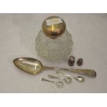 A small selection of HM silver and white metal including spherical glass perfume bottle with