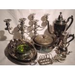 A selection of silver plate including Sheffield plate tall coffee pot having fruitwood handle,