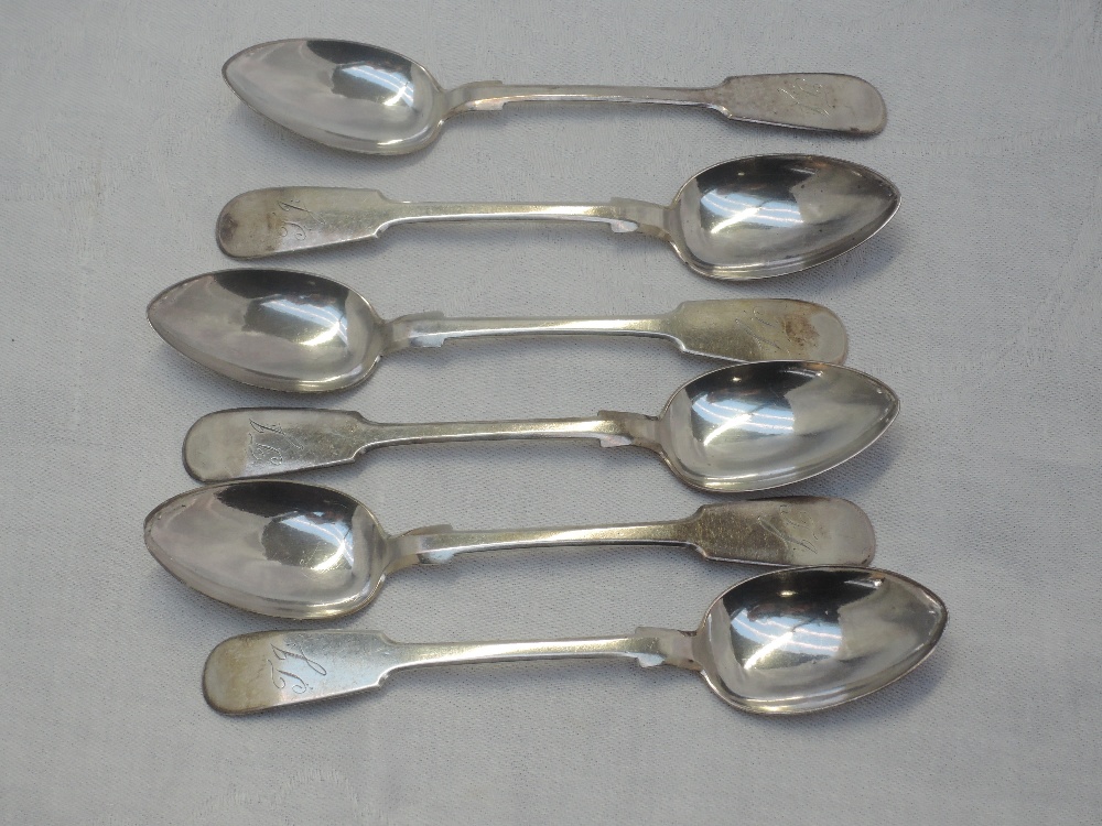 A set of six Georgian silver egg spoons of fiddle back form bearing monogram to terminals, Newcastle