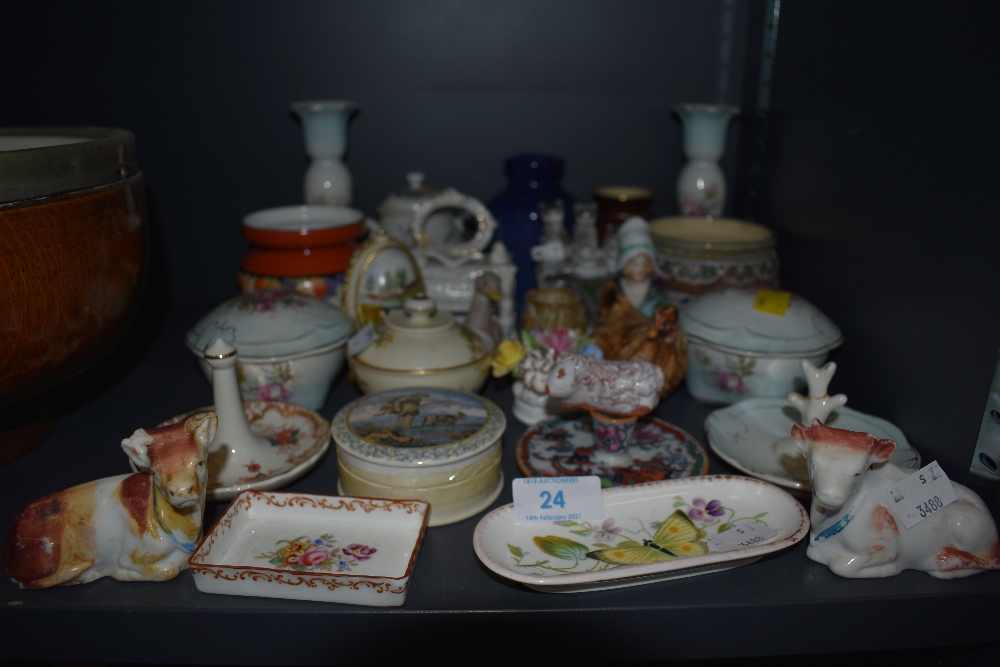 A selection of display cabinet ceramics inclduing Victorian farrings Coalport Masons and hard