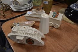 A collection of novelty crested ware and similar including a Carlton China Vickers Mark I tank and