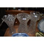 Three impressive antique clear cut crystal vase tallest standing at 35.5cm all in very good