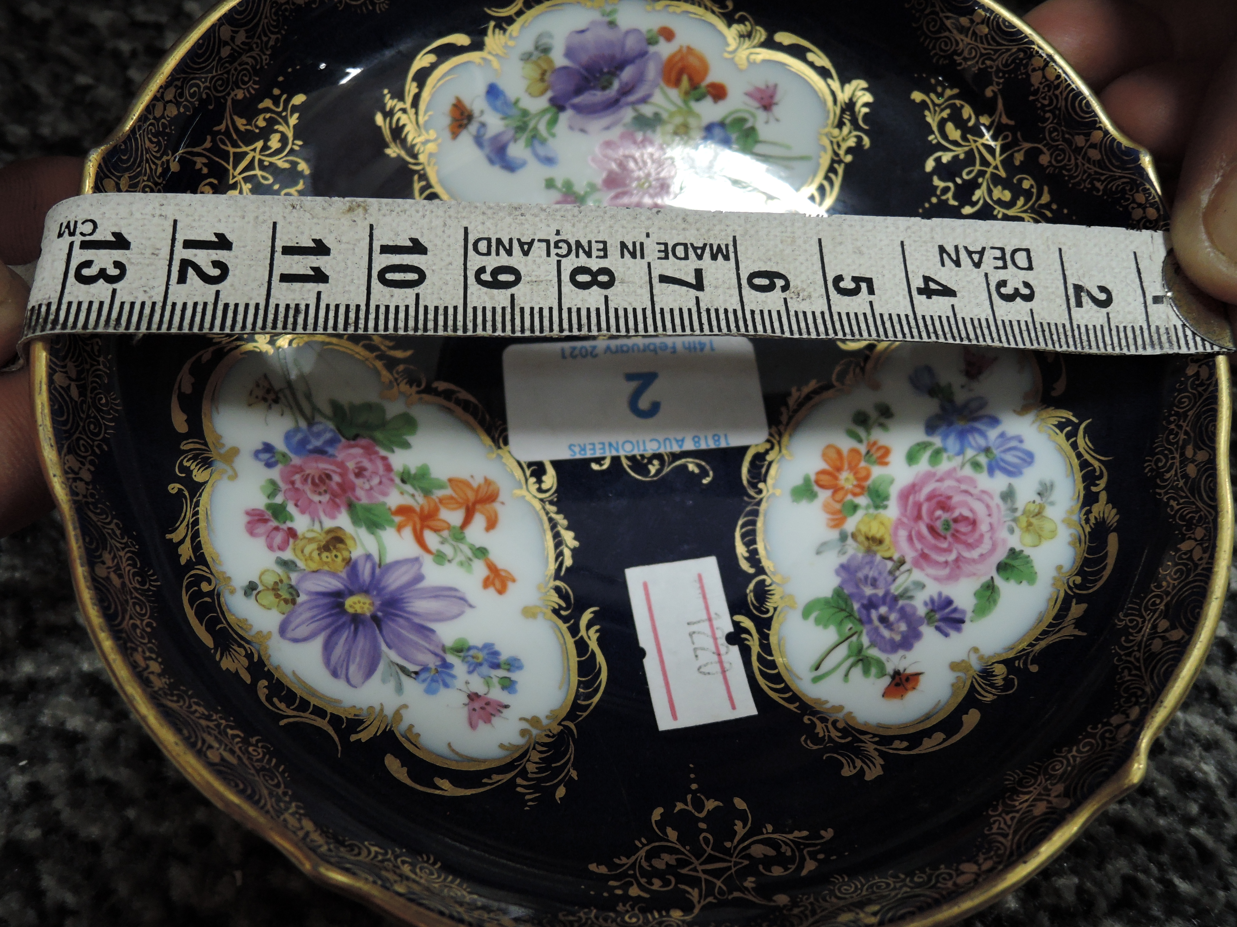 An antique pin dish having cobolt blue gold and hand decorated floral scenes bearing crossed - Image 5 of 5