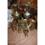 A pair of brass vases, vintage fireside scene and similar.