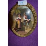 A finely detailed and hand painted porcelain plaque of two young lovers in a continental style in