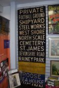 A vintage transport related destination roller blind for train tram or bus with local Ulverston