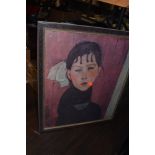 A framed textured abstract print of a young girl.
