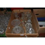 A selection of pressed glass and similar including tazzas, bowls, jug and vases.