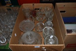 A selection of pressed glass and similar including tazzas, bowls, jug and vases.