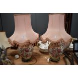 Two large ceramic table lamps with pink shades having pink rose design.