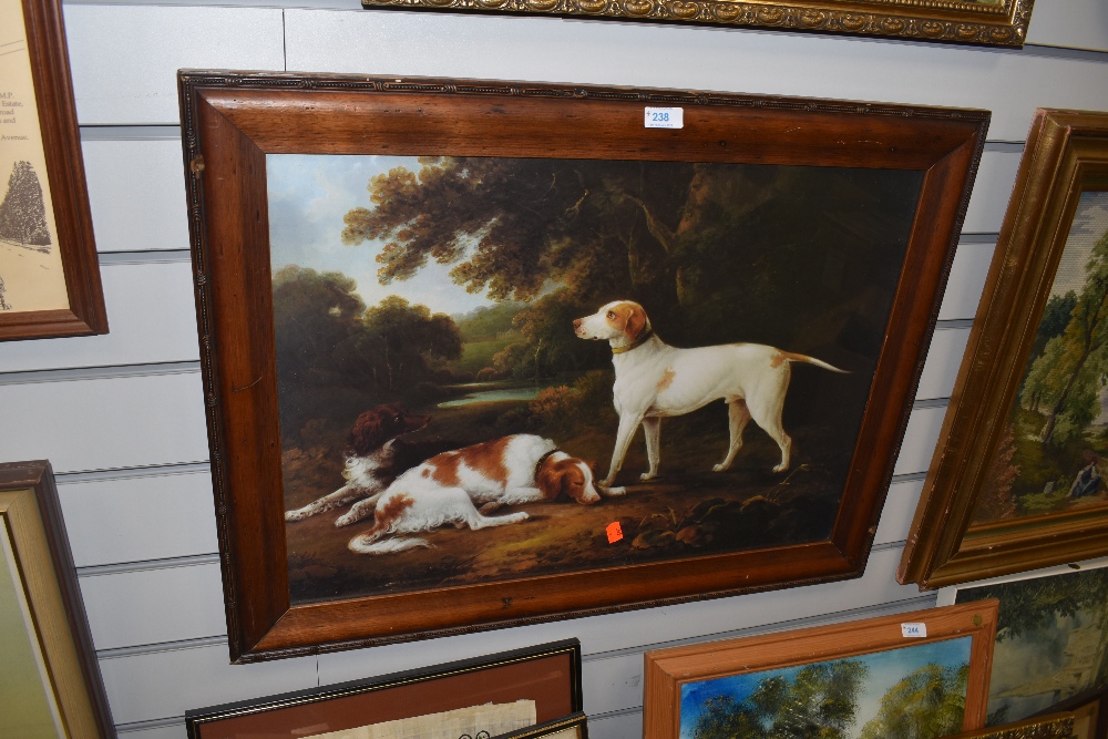A framed full colour print of hunting hounds