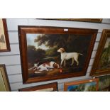 A framed full colour print of hunting hounds