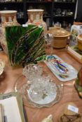 A selection of glass wares including green art glass bowl and Dartington leaf dish