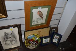 A collection of general pictures,frames and plaques.