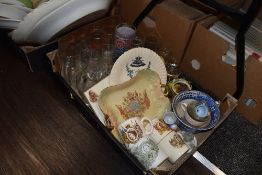 A box of mixed ceramics and glass including some unusual items of coronation ware.