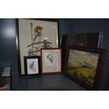 A selection of frames,a small oil on board and an embroidery depicting little Bo peep.