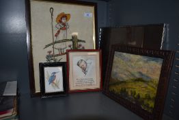 A selection of frames,a small oil on board and an embroidery depicting little Bo peep.