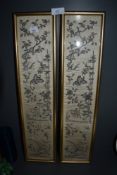 A pair of oriental hand sewn panels depicting moths and bambu