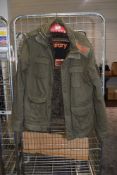 A gents army green Superdry coat,having faux fur lining, size L.