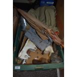 A mixed box of items, including millitary or similar canvas bag, mincer, vintage address stamp,