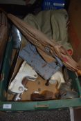 A mixed box of items, including millitary or similar canvas bag, mincer, vintage address stamp,