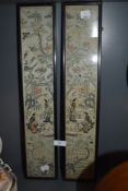 A pair of mirrored Chinese or Japanese silk screen panels hand sewn with needle work of Geisha in