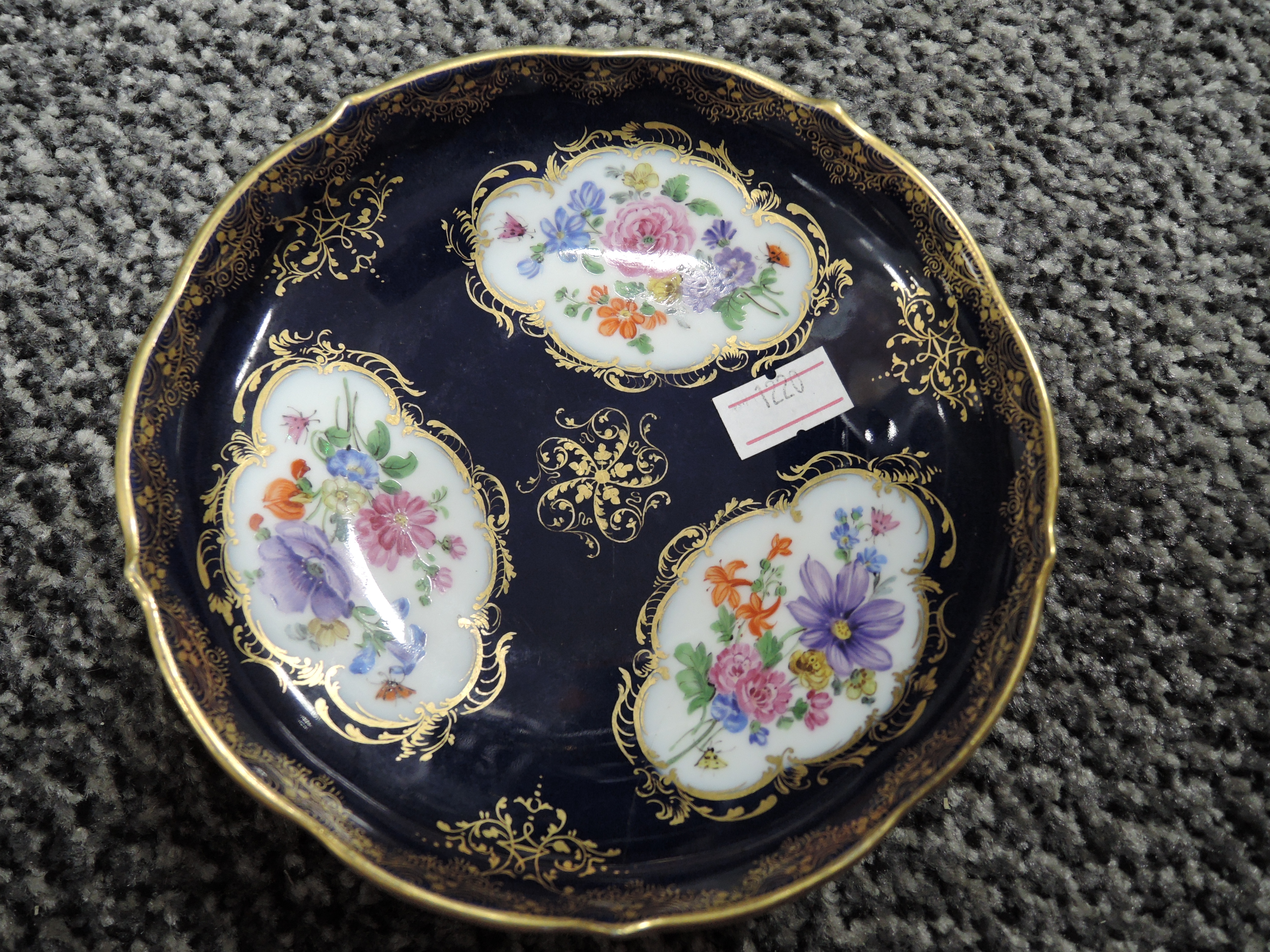 An antique pin dish having cobolt blue gold and hand decorated floral scenes bearing crossed - Image 2 of 5