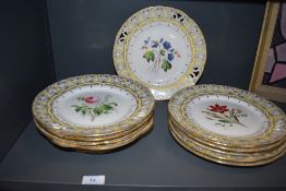 A set of ten antique porcelain plates in a Rockford style hand decorated with exotic flowers