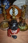 A collection of mixed brass items, a replica miniature miners lamp, money box and more.