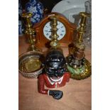 A collection of mixed brass items, a replica miniature miners lamp, money box and more.