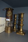 An E Thomas Williams Cambrian safety miners lamp no.80700 dated 1981 with certificate and a pair