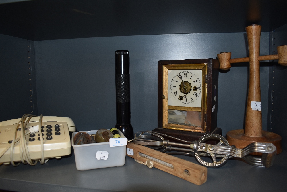 A selection of hardware including thirty hour clock by E N Welch