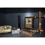 A selection of hardware including thirty hour clock by E N Welch