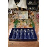 A mixed lot of vintage a retro glass including boxed lead crystal flutes and coloured glass.