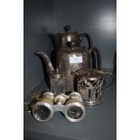 A selection of metal and plated wares including mother of pearly inlayed opera glasses