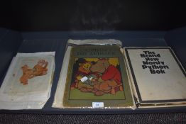 A vintage Monty python book, a vintage French childrens book and two vintage Lawson Wood prints.