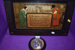 A Dickensian style wall plaque with Christian theme and an antique prattware pot lid depicting Uncle