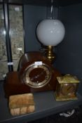 A brass bodied oil burning lamp and an art deco styled mantle clock, also agate box and Weiss clock