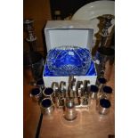 A selection of plated ware and similar including blue glass lined pots, toast rack,candle sticks and