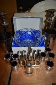 A selection of plated ware and similar including blue glass lined pots, toast rack,candle sticks and