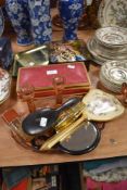 An art deco glass dressing table tray and candle sticks, a tin of costume jewellery, mirrors and