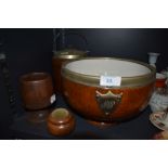 A selection of treen items including oak and plated fruit bowl and biscuit barrel both having