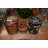 A late 19th century tobacco jar with lid, a small earthenware jug with hounds to lid and a jar.