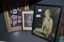 Two classical styled portraits and an abstract framed print after Klee 'woman in costum'.