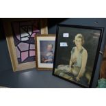 Two classical styled portraits and an abstract framed print after Klee 'woman in costum'.