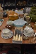 A selection of kitchen wares including cock pot blue glass Pyrex dish and Brookes and Crookes knives