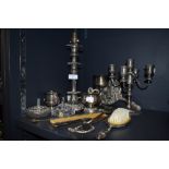 A mixed lot of Plated ware and similar including lamp stand, candlestick holder, dressing table